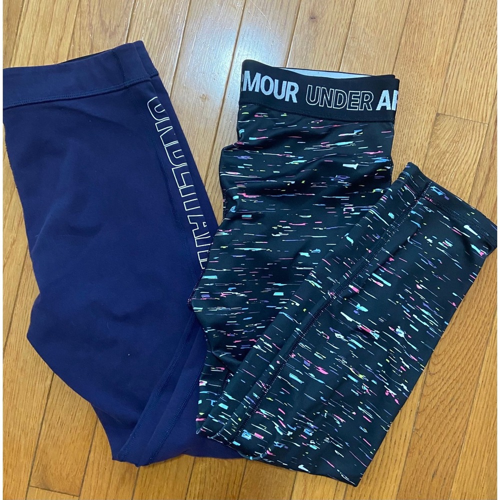 Under Armour Girls YXL Leggings Bundle Navy Blue Black Confetti Space Dye 2 Pack